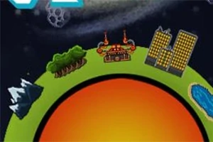 Kolorowa grafika przedstawiająca małą planetę z elementami krajobrazu, takimi jak góry, las, budowle, rzeka oraz budynek przemysłowy w kosmicznej scenerii