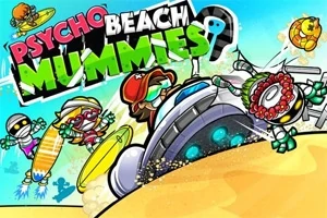 Kolorowa ilustracja przedstawiająca postacie w strojach plażowych na tle plaży z falami, dyskiem latającym i napisem Psycho Beach Mummies