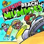 Kolorowa ilustracja przedstawiająca postacie w strojach plażowych na tle plaży z falami, dyskiem latającym i napisem Psycho Beach Mummies