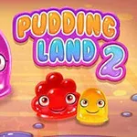 Trzy kolorowe, uśmiechnięte żelki na tle z napisem Pudding Land 2