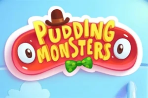Czerwony, podobny do puddingu stwór z oczami, czapką i muchą z napisem Pudding Monsters