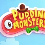 Czerwony, podobny do puddingu stwór z oczami, czapką i muchą z napisem Pudding Monsters