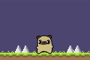 Pixeloza z kreskówkowym psem na zielonej platformie z kolcami na ciemnym tle