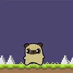 Pixeloza z kreskówkowym psem na zielonej platformie z kolcami na ciemnym tle