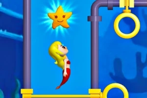 Syrena z blond włosami unosi się do uśmiechniętej gwiazdy w otoczeniu żółtych rur i kółek na niebieskim tle