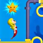 Syrena z blond włosami unosi się do uśmiechniętej gwiazdy w otoczeniu żółtych rur i kółek na niebieskim tle