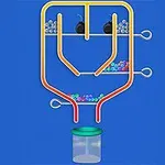 Rurki w kształcie labiryntu z kulkami i przeszkodami na niebieskim tle