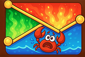 Rysunek przedstawia przestraszonego kraba w wodzie, oddzielonego od ognia i zielonej strefy liniami na tle w żywych kolorach