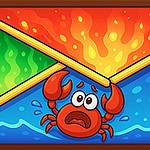 Rysunek przedstawia przestraszonego kraba w wodzie, oddzielonego od ognia i zielonej strefy liniami na tle w żywych kolorach
