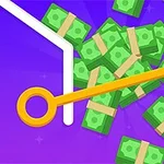 Stosy zielonych banknotów zabezpieczone pomarańczowym kluczem na fioletowym tle