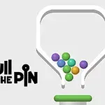 Białe tło z kolorowymi kulkami w przezroczystym pojemniku i napisem Pull the Pin