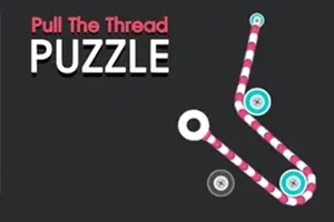 Napis Pull The Thread Puzzle z kolorowym, krętym wzorem nitki i guzikami na ciemnym tle