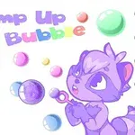 Fioletowy animowany lisek dmuchający kolorowe bańki z napisem Pump Up The Bubble u góry