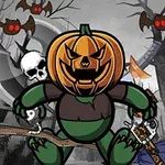 Postać z głową dyni w mrocznym lesie, otoczona nietoperzami i atrybutami czarownicy, takimi jak miotła i topór