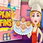 Kobieta w kucharskim stroju prezentuje tacę z dyniowymi muffinami, otoczona krokami przygotowania tych wypieków