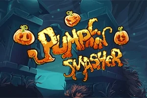 Napis „Pumpkin Smasher” ozdobiony dyniami na tle ciemnego, klimatycznego krajobrazu