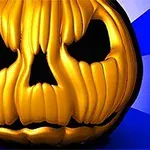 Żółta dynia z wyciętymi oczami i ustami w stylu lampionu na niebieskim tle