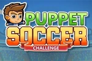 Grafika z animowaną postacią piłkarza z brązowymi włosami, oraz dużymi kolorowymi napisami Puppet Soccer Challenge na tle stadionu