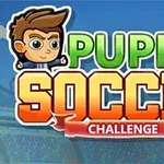 Grafika z animowaną postacią piłkarza z brązowymi włosami, oraz dużymi kolorowymi napisami Puppet Soccer Challenge na tle stadionu