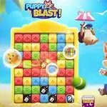 Postać radosnego psa w zielonej koszulce skaczącego obok planszy z kolorowymi kwadratami na tle tropikalnej plaży