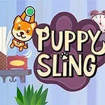 Dwa rysunkowe psy z przyssawkami na głowach wokół kolorowego napisu na tle wnętrza pokoju z zegarem i półką z książkami