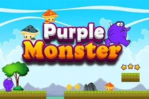 Fioletowy potwór w skaczącej po poziomie platformie z grzybami, drzewem i trzema gwiazdkami na tle niebieskiego nieba