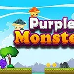 Fioletowy potwór w skaczącej po poziomie platformie z grzybami, drzewem i trzema gwiazdkami na tle niebieskiego nieba