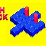 Niebieskie bloki ułożone w kształt litery T z dwoma czerwonymi cylindrami na żółtym tle, z napisem PUSH BLOCK po lewej stronie