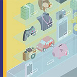 Automat z nagrodami prezentujący różnorodne przedmioty, takie jak kontroler do gier, trofeum, samochodzik, skarbonka i paczki pieniędzy za szklaną witryną