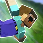 Postać złożona z bloków w fioletowych spodniach i niebieskiej koszuli spada w dynamicznej pozie na rozmytym tle