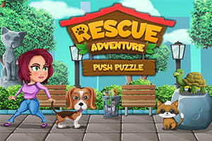 Kobieta ciągnie psa na smyczy na tle parku z ławkami, koszem na śmieci i zwierzętami, takimi jak kura i żółw, pod dużym szyldem z napisem Rescue Adventure Push Puzzle