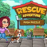 Kobieta ciągnie psa na smyczy na tle parku z ławkami, koszem na śmieci i zwierzętami, takimi jak kura i żółw, pod dużym szyldem z napisem Rescue Adventure Push Puzzle