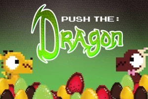 Zielony napis Push the Dragon na tle pikselowej grafiki z dwoma smokami i kolorowymi jajkami