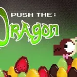 Zielony napis Push the Dragon na tle pikselowej grafiki z dwoma smokami i kolorowymi jajkami