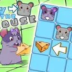 Dwa animowane myszy, jedna z serem, znajdują się na tle siatki w komiksowym stylu; po prawej stronie ilustracja planszy gry z ikonami mysz i sera