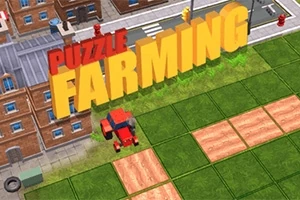 Scena ukazuje widok z góry na pola uprawne z czerwonym traktorem obok ceglanego budynku, z dużymi napisami Puzzle Farming