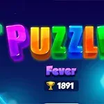 Kolorowe litery układające się w napis PUZZLE na tle ciemnoniebieskiego gradientu z kształtami geometrycznymi i liczbą 1891 nad pucharem