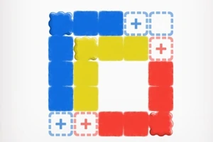 Kolorowe klocki ułożone w kształt kwadratu z niebieskimi, żółtymi i czerwonymi elementami oraz obszarami z symbolem plusa na białym tle