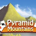 Góry z napisem Pyramid Mountains na tle nieba, otoczone kartami do gry