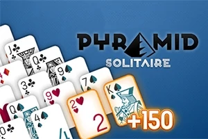 Talia kart ułożona w piramidę na niebieskim tle z napisem Pyramid Solitaire i liczba +150