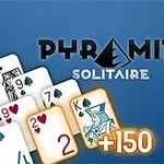 Talia kart ułożona w piramidę na niebieskim tle z napisem Pyramid Solitaire i liczba +150