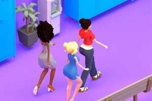 Trzy postacie idą w rzędzie po fioletowej podłodze, obok niebieskich szafek i rośliny w doniczce