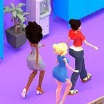 Trzy postacie idą w rzędzie po fioletowej podłodze, obok niebieskich szafek i rośliny w doniczce