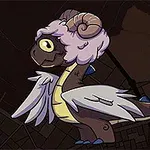 Postać smoka z różowymi lokami, rogami i skrzydłami na ciemnym tle