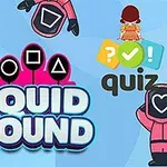 Postacie w różowych kombinezonach z geometrycznymi symbolami na hełmach otaczają napis Squid Round, obok którego znajduje się napis quiz z ikonami pytania i odpowiedzi