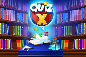 Kolorowy grafik z napisem Quiz X na tle półek z książkami, otwarta książka, kałamarz i różne symbole matematyczne unoszące się nad nią