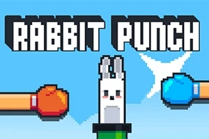 Napis Rabbit Punch w stylu pixel art nad animowanym królikiem z rękawicami bokserskimi po bokach