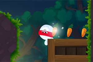 Postać z opaską na głowie zbiera marchewki w lesie w kolorowej, kreskówkowej scenerii