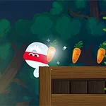 Postać z opaską na głowie zbiera marchewki w lesie w kolorowej, kreskówkowej scenerii