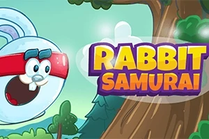Biały królik z bandaną na głowie skacze w lesie obok drzewa, obok napis Rabbit Samurai